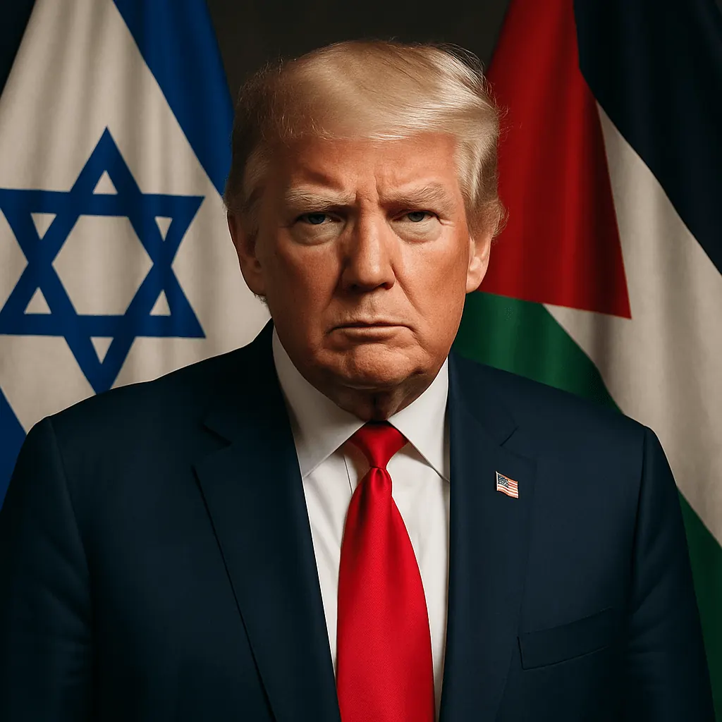 Donald Trump's speech standing between Israeli and Palestinian flags during his Israel war speech.