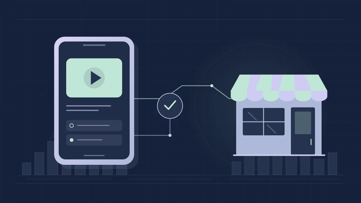 Original TLVNY illustration of a mobile video lesson and assessment symbol connected to an abstract storefront, with subtle New York and Tel Aviv skylines.