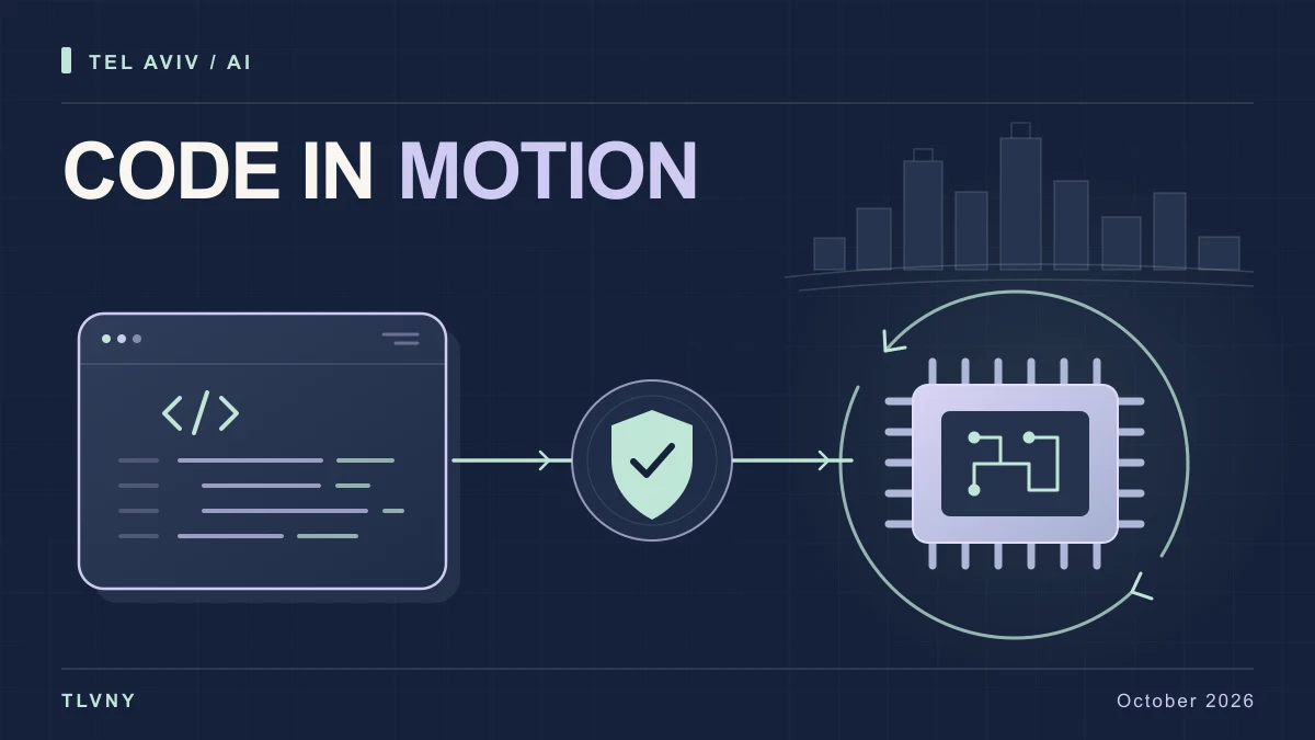 Original TLVNY illustration linking a code window, an abstract verification checkpoint and a microchip execution loop against a stylized Tel Aviv skyline.