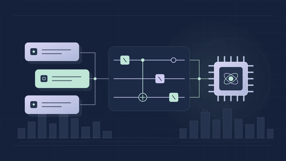 Original TLVNY illustration of software blocks connected to a stylized quantum circuit and generic processor chip above a subtle Tel Aviv skyline.