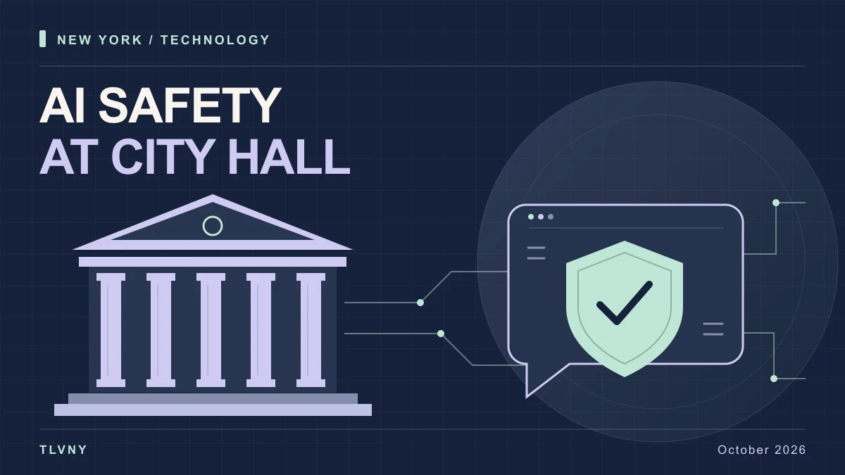 Original TLVNY illustration of a civic building beside an abstract AI chat window and safety shield.