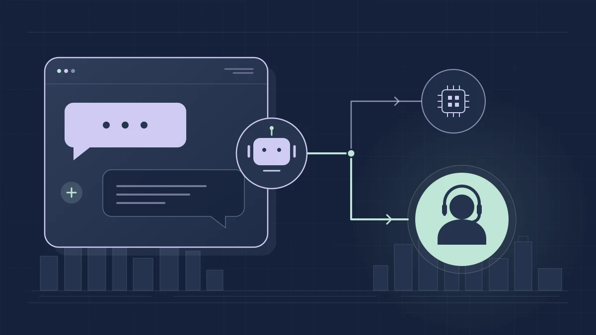 Original TLVNY illustration of a chat window and bot with branching paths to automated processing and human support, against a stylized New York skyline.