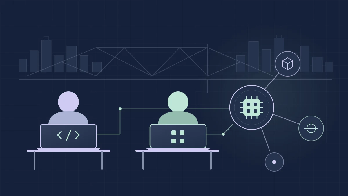 Original TLVNY illustration of abstract learners at computer workstations connected to AI nodes, with a stylized Queens bridge and New York skyline.