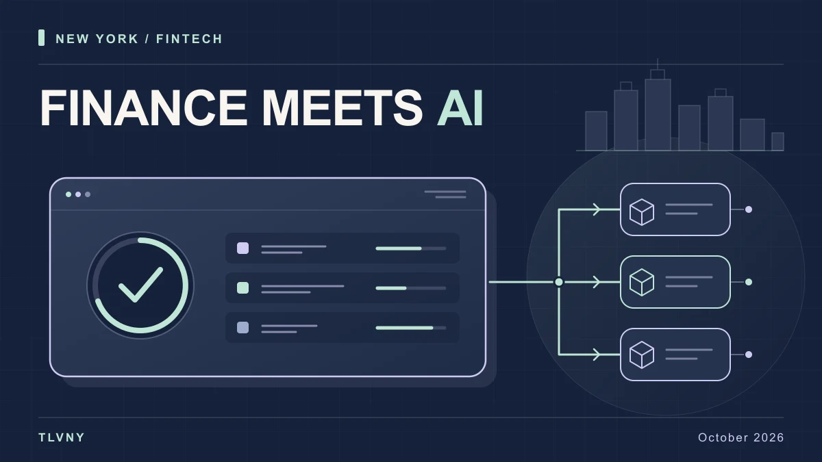Original TLVNY illustration of an abstract finance control panel connecting to AI model nodes beneath a stylized New York skyline.
