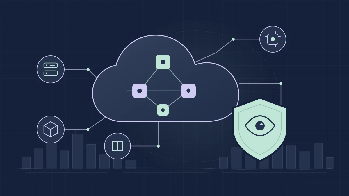 Original TLVNY illustration of connected cloud workloads and trace paths leading to a monitoring shield above a subtle Tel Aviv skyline.